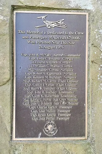 Thorney USAF aeroplane crash memorial plaque featuring the names of the dead